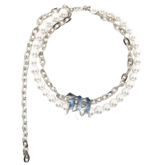 MISBHV pearl-trim chain necklace silver & white link choker silver plated - Picture 2 of 6